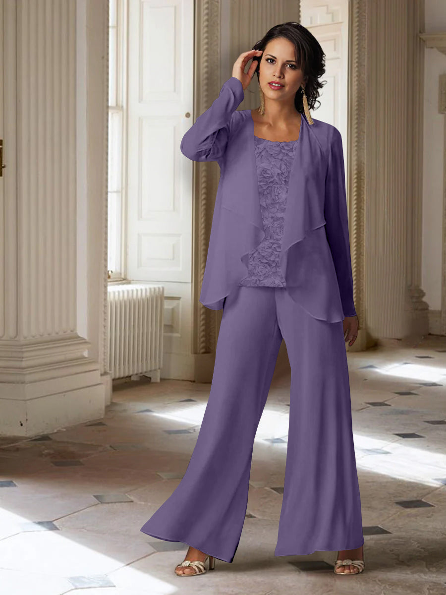 Long Sleeve Chiffon Pantsuit with Jacket for the Mother of the Bride