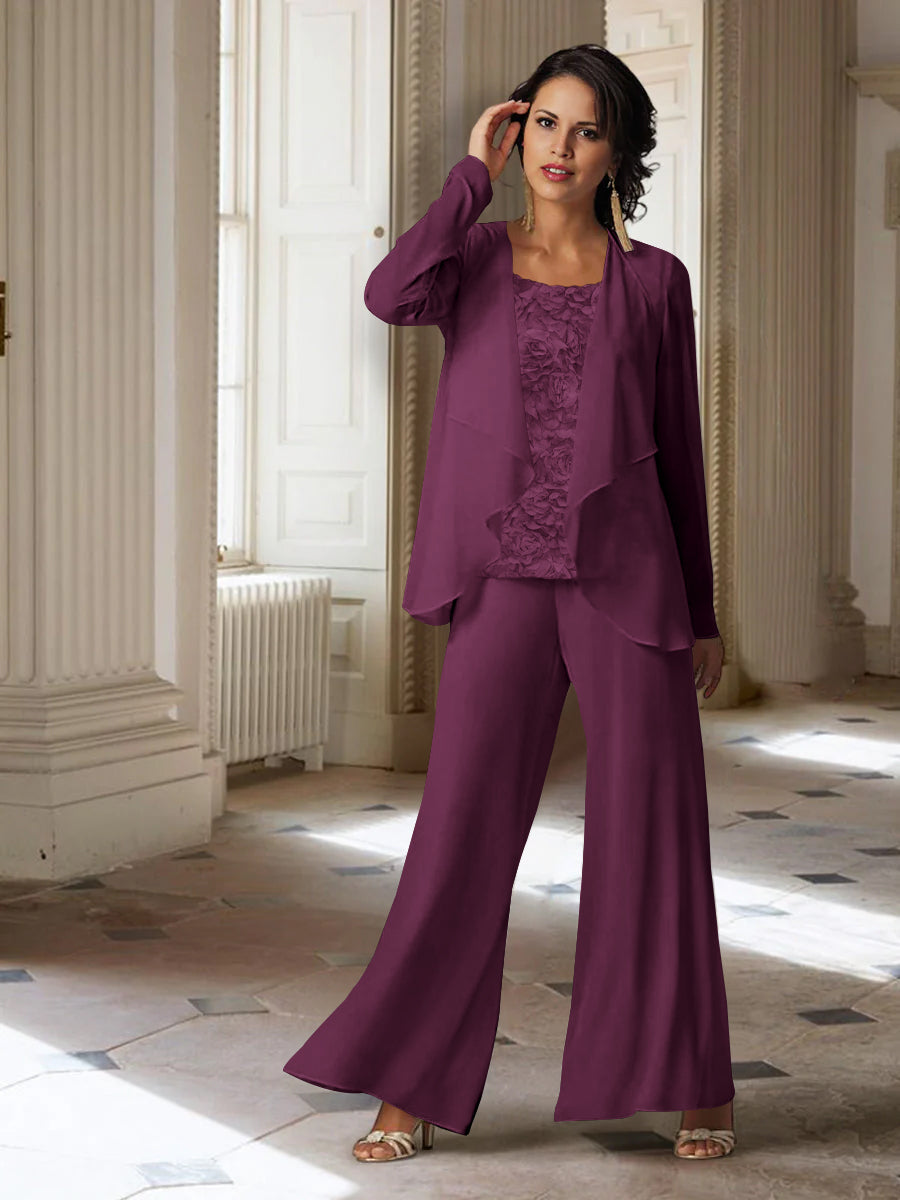 Long Sleeve Chiffon Pantsuit with Jacket for the Mother of the Bride