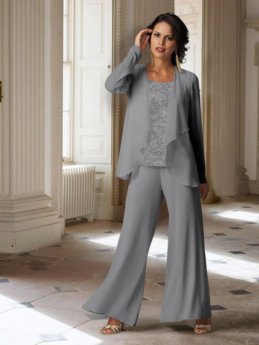 Long Sleeve Chiffon Pantsuit with Jacket for the Mother of the Bride