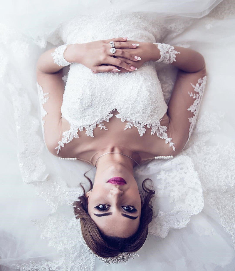 Long Sleeve Lace Wedding Dresses | Ball Gown Long Train See Through Back Bride Dress