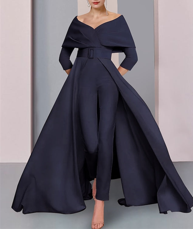 Long Sleeve Scoop Neck Pantsuit for the Mother of the Bride Featuring a Belt