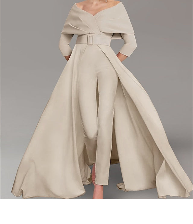 Long Sleeve Scoop Neck Pantsuit for the Mother of the Bride Featuring a Belt