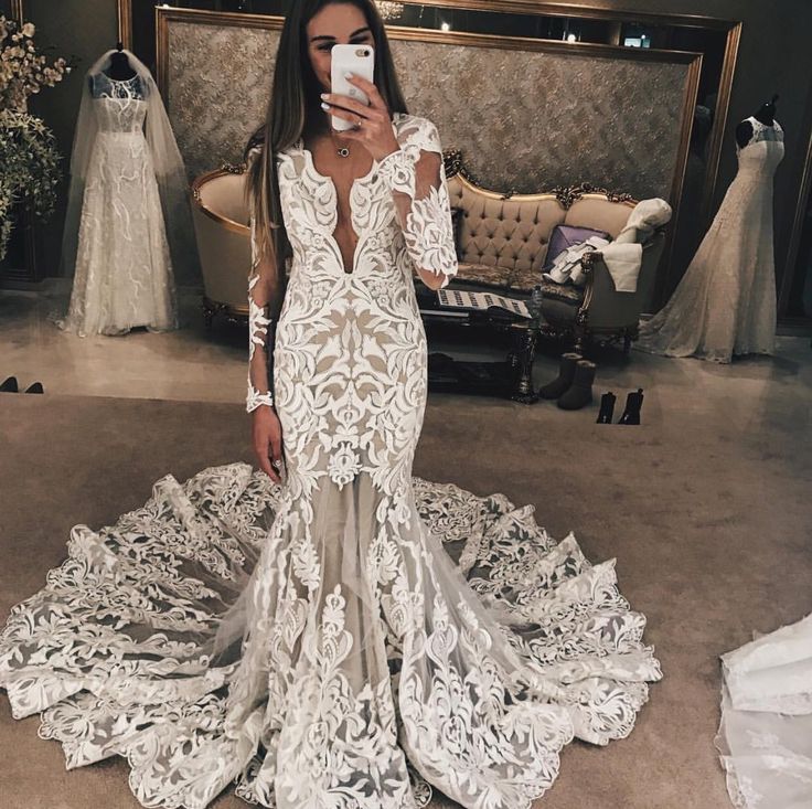 Long Sleeve Unique Lace Beach Wedding Dresses | Mermaid Lace Long Train Bridal Gown