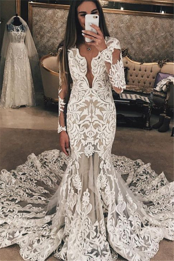 Long Sleeve Unique Lace Beach Wedding Dresses | Mermaid Lace Long Train Bridal Gown