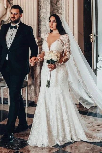 Long Sleeve V-Neck Lace A-Line Stain Wedding Dresses with Ruffles (ZD15726) - VelvetHem