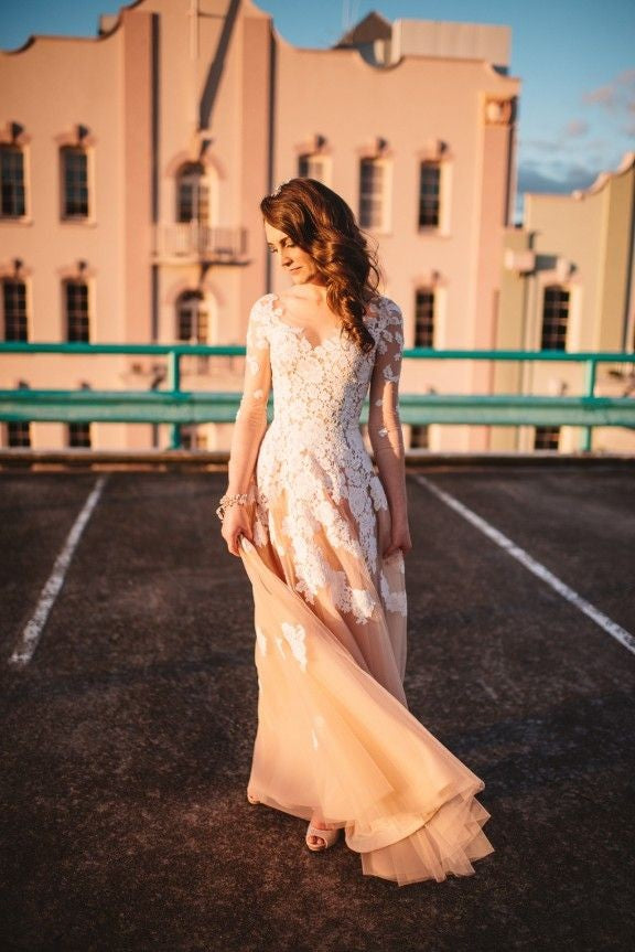 Long Sleeve White Lace Champagne Evening Dress Floor Length Destination Beach Wedding Dress BA6642