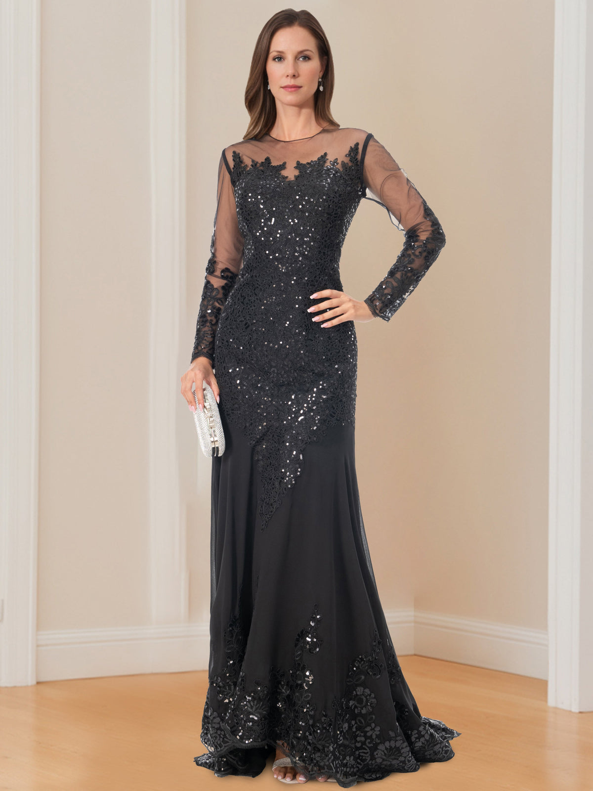 Long Sleeved Scoop Neck Mermaid Trumpet Mother of the Bride Dress with Applique