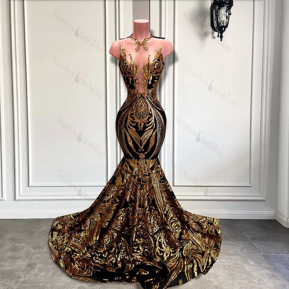Long Sleeveless Mermaid Formal Dresses with Gold Sequins