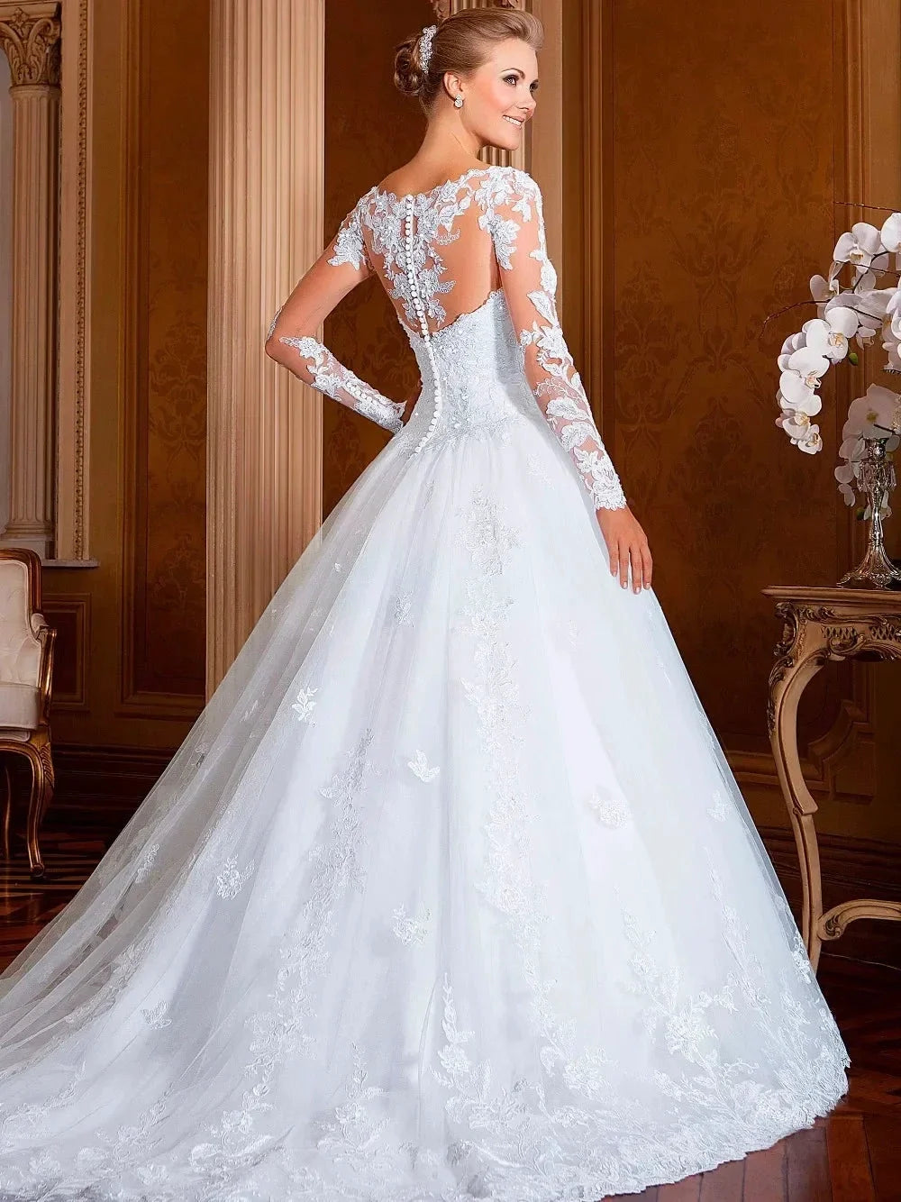Long Sleeves Appliques Vestido De Noiva V-Waist Wedding Dresses Becautiful Sweetheart Vestidos De Novia Lace Robe De Mariée (ZD14059)
