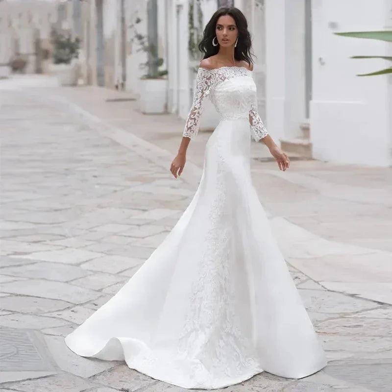 Long Sleeves Lace Wedding Dress For Women Brides Sexy Boat Neck Mermaid Appliques Bridal Gown Custom Made (ZD13306) - VelvetHem