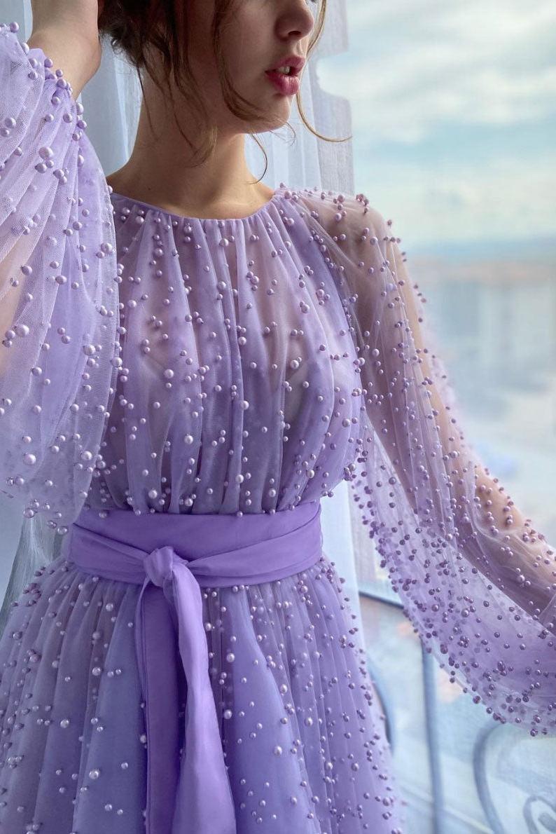 Long Sleeves Long Jewel Neck Evening Formal Dress With Pleated Beading