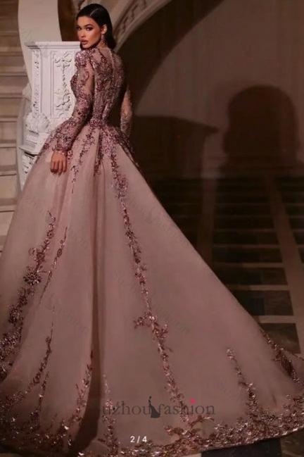 Long Sleeves Prom Dress V Neck Beaded Tulle Formal Dress With Detachable Panel Train