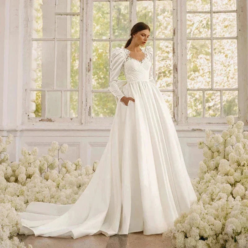 Long Sleeves Satin Wedding Dresses For Women With Bow Bridal Gowns Sweetheart Vestido De Noiva Robe Floor Length Custom 2023 (ZD14134) - VelvetHem