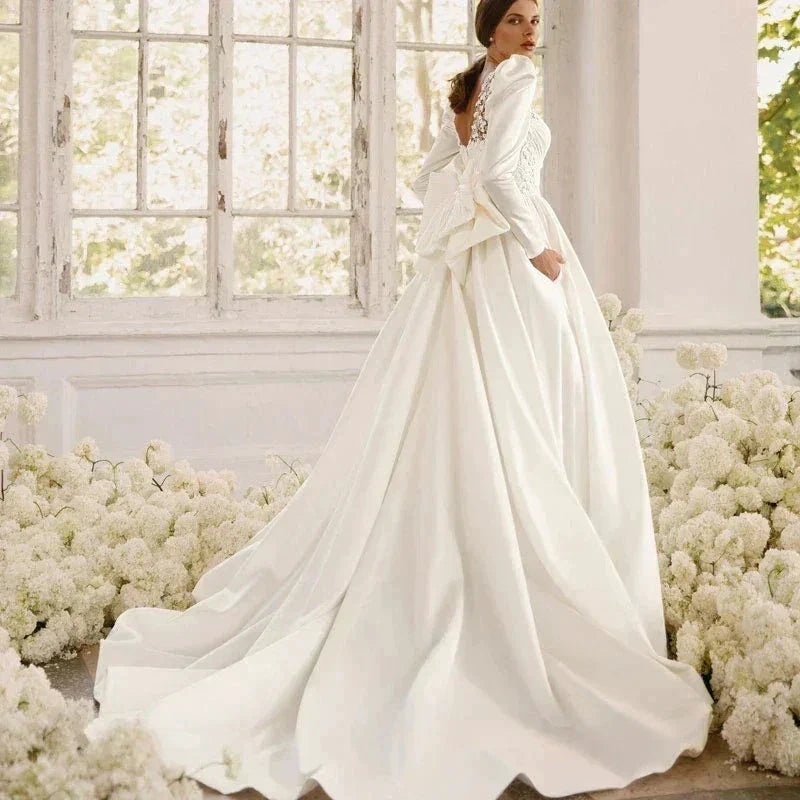 Long Sleeves Satin Wedding Dresses For Women With Bow Bridal Gowns Sweetheart Vestido De Noiva Robe Floor Length Custom 2023 (ZD14134)
