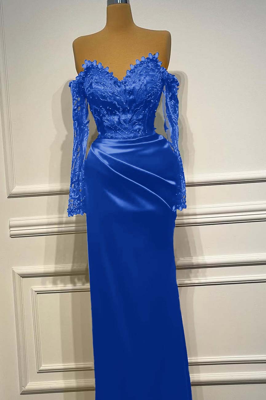 Long Sleeves Strapless Long Mermaid Evening Formal Dress With Beading Pleated