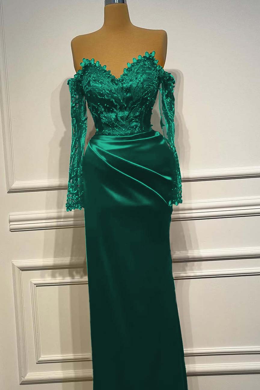 Long Sleeves Strapless Long Mermaid Evening Formal Dress With Beading Pleated