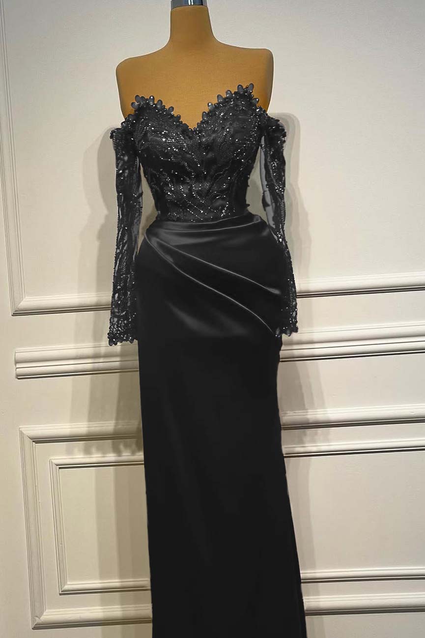 Long Sleeves Strapless Long Mermaid Evening Formal Dress With Beading Pleated
