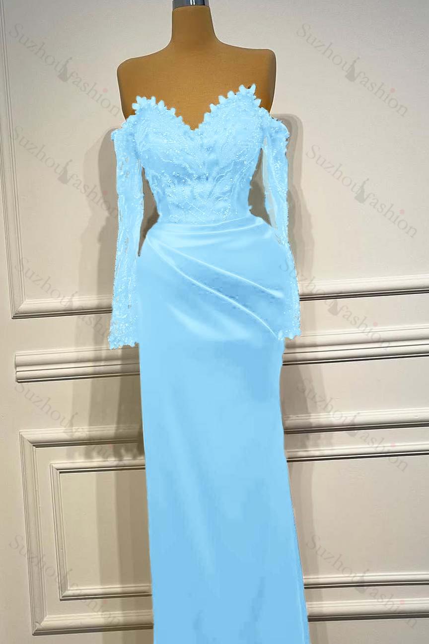 Long Sleeves Strapless Long Mermaid Evening Formal Dress With Beading Pleated