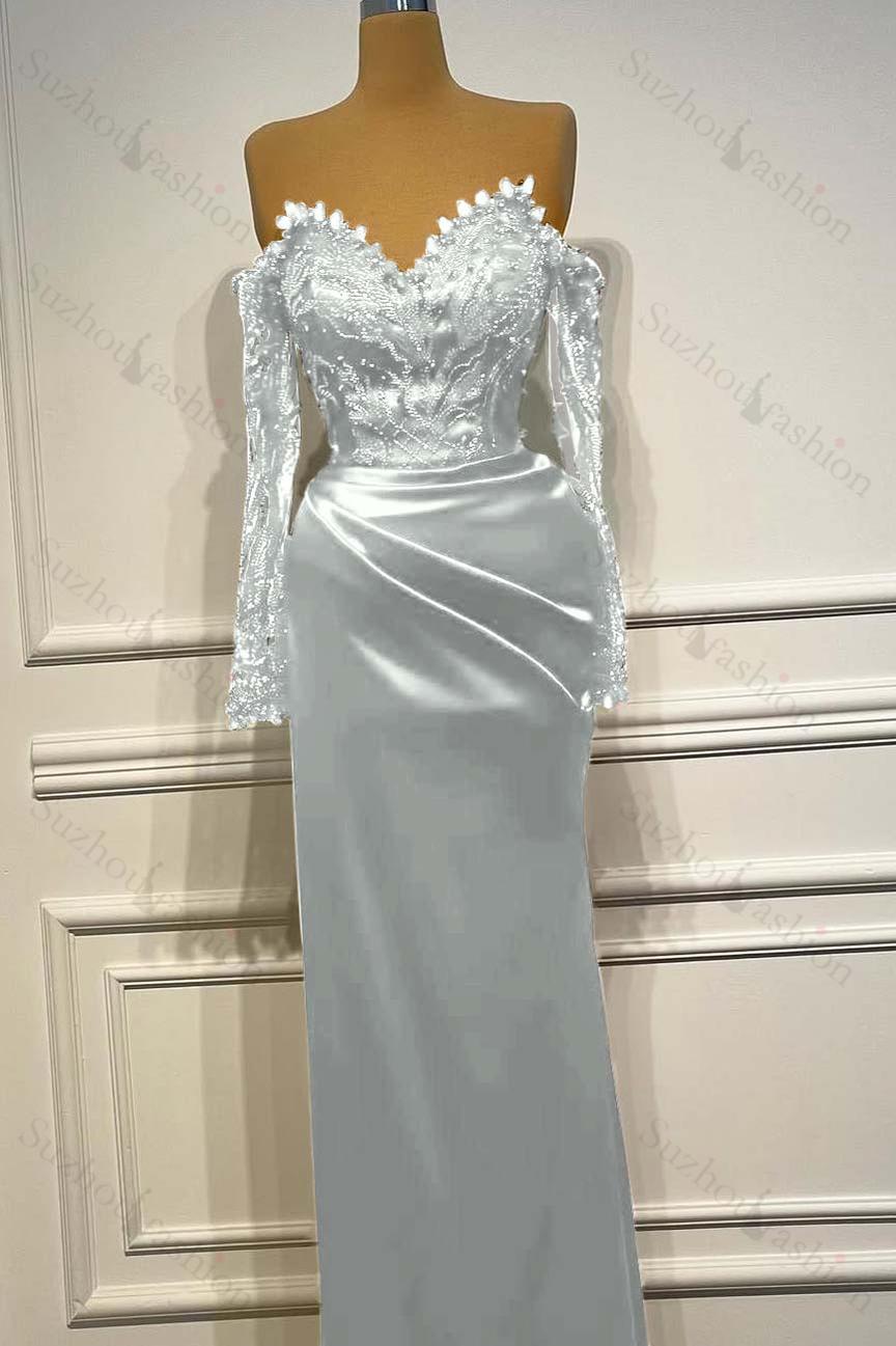 Long Sleeves Strapless Long Mermaid Evening Formal Dress With Beading Pleated