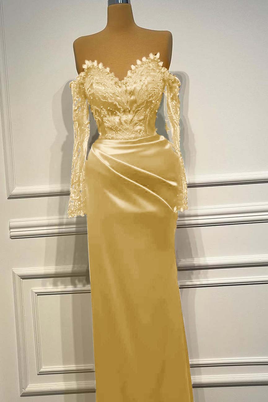 Long Sleeves Strapless Long Mermaid Evening Formal Dress With Beading Pleated