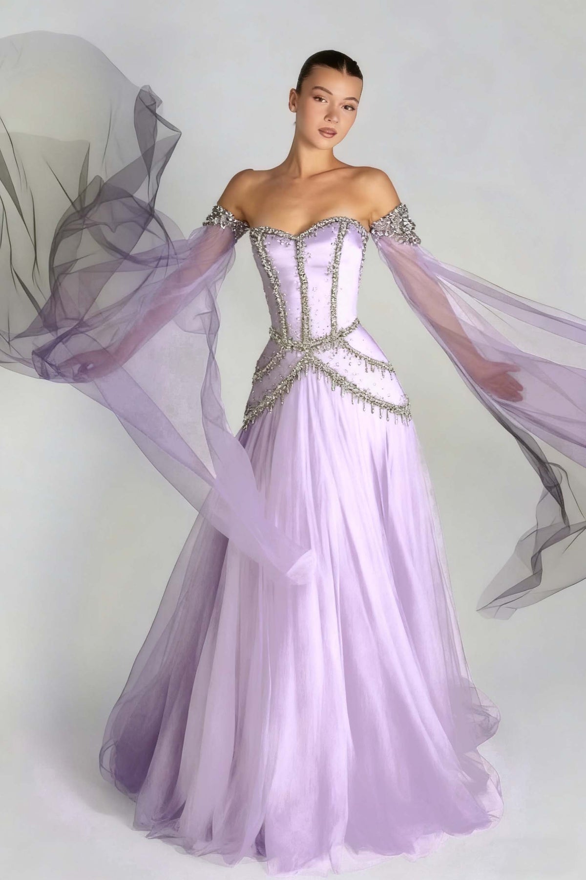 Long Sleeves Sweetheart Long A Line Evening Formal Dress With Pleated Beading