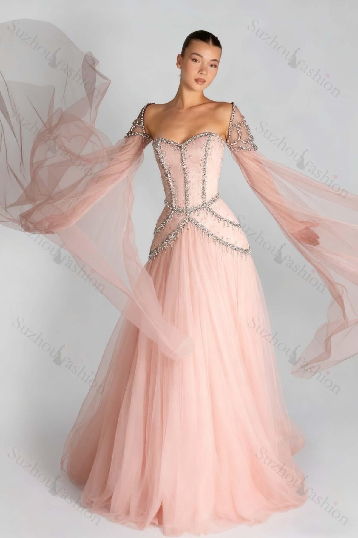 Long Sleeves Sweetheart Long A Line Evening Formal Dress With Pleated Beading