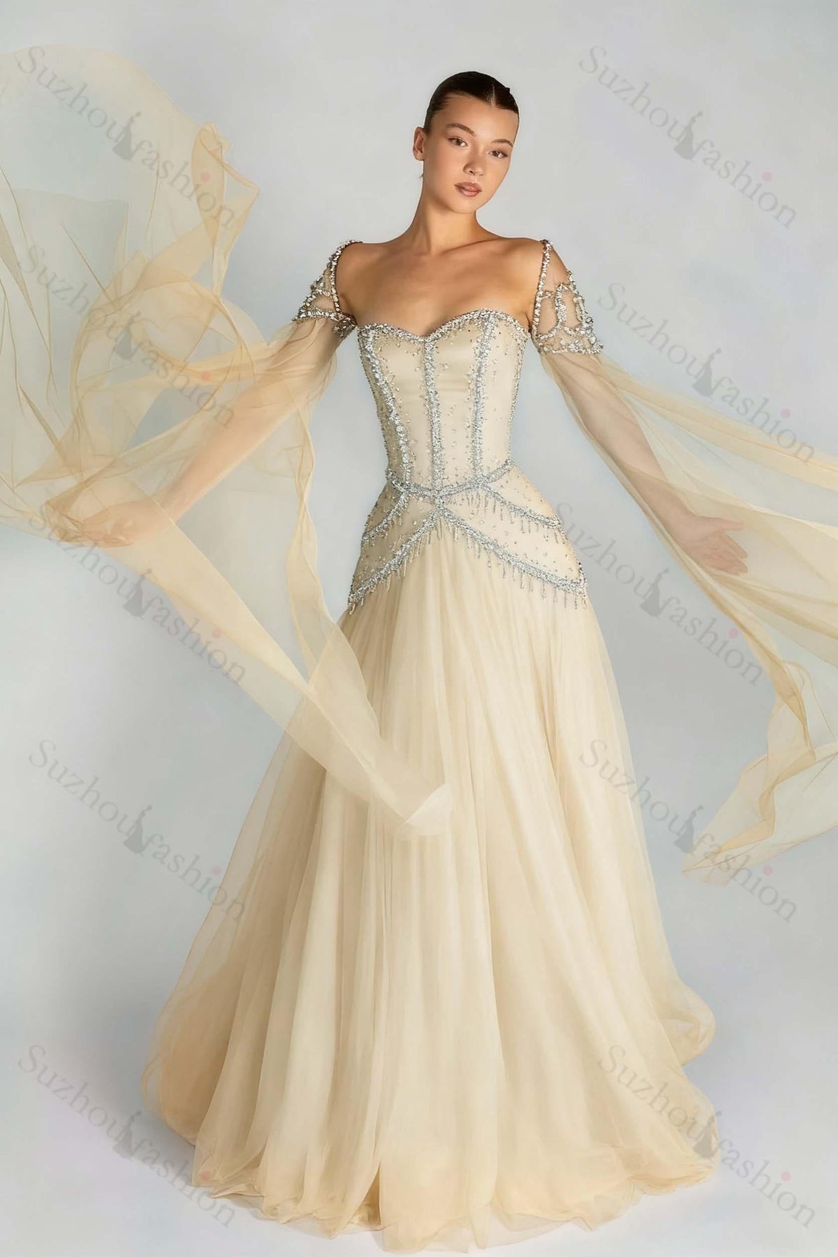 Long Sleeves Sweetheart Long A Line Evening Formal Dress With Pleated Beading