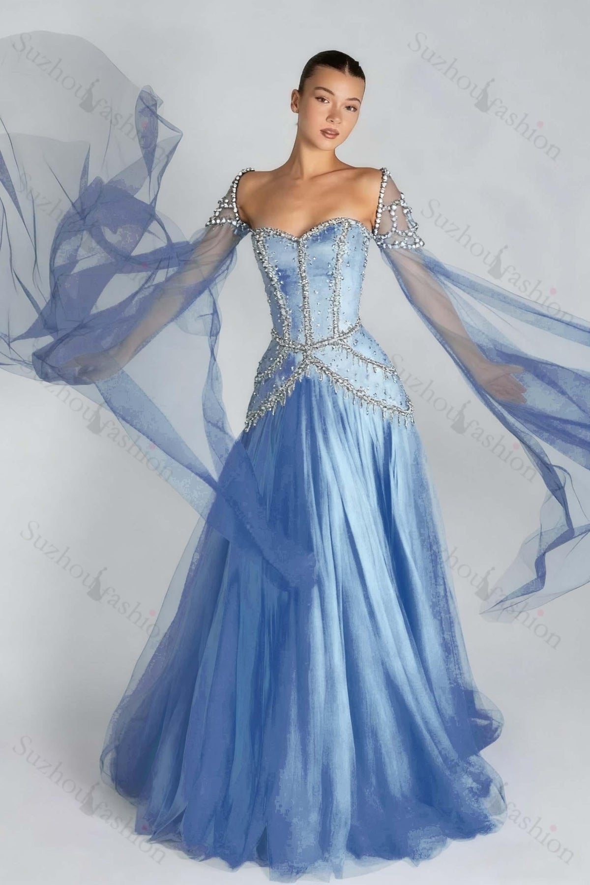 Long Sleeves Sweetheart Long A Line Evening Formal Dress With Pleated Beading