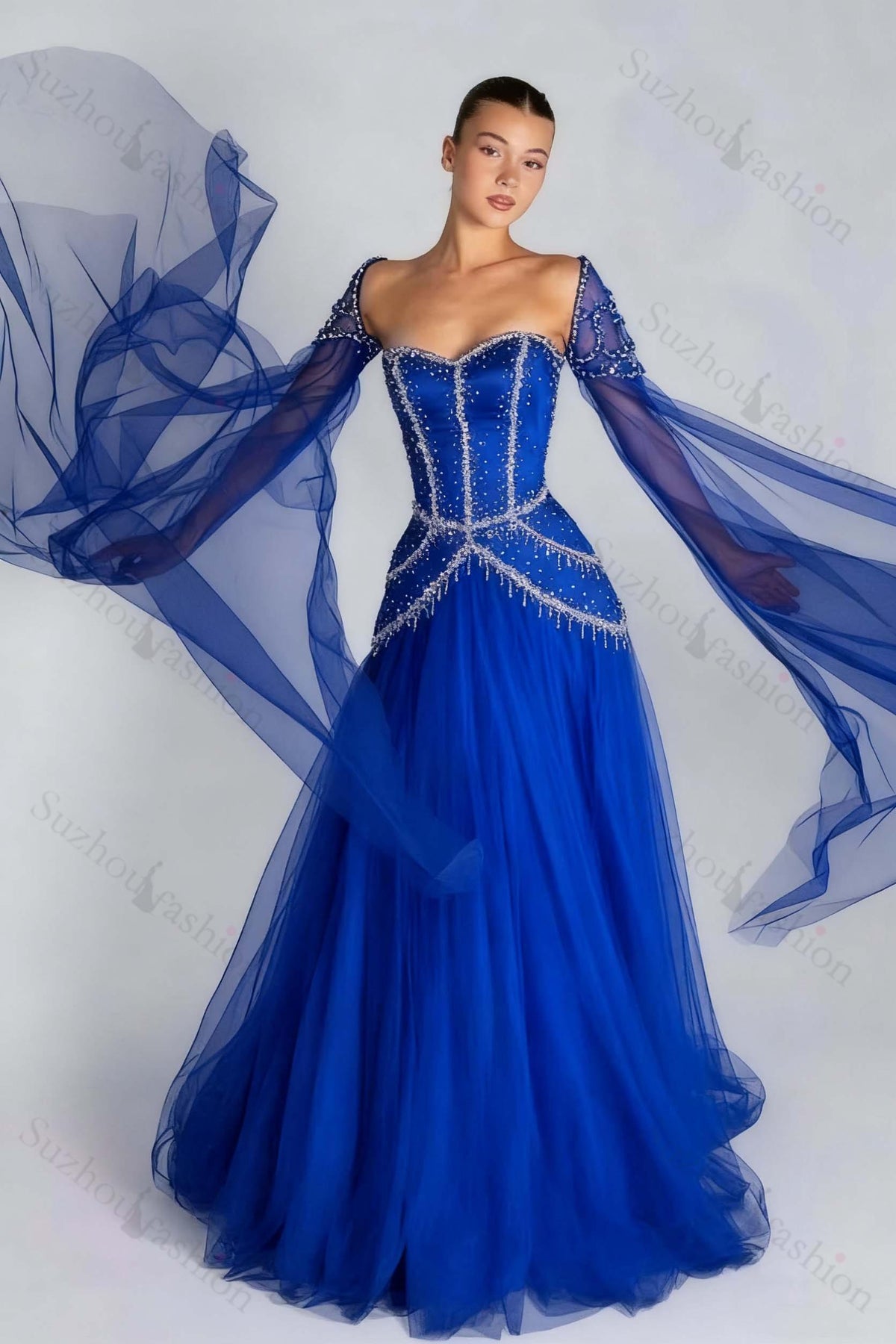 Long Sleeves Sweetheart Long A Line Evening Formal Dress With Pleated Beading