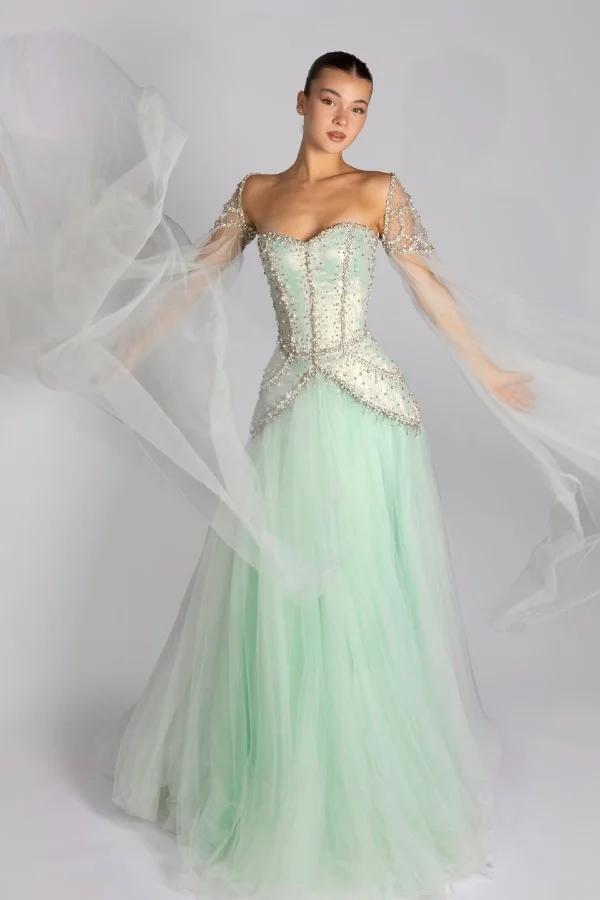 Long Sleeves Sweetheart Long A Line Evening Formal Dress With Pleated Beading