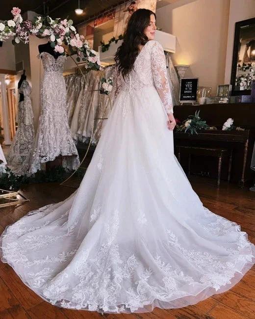 Long Sleeves V-Neck Plus Size Chiffon Wedding Dress (ZD16490)