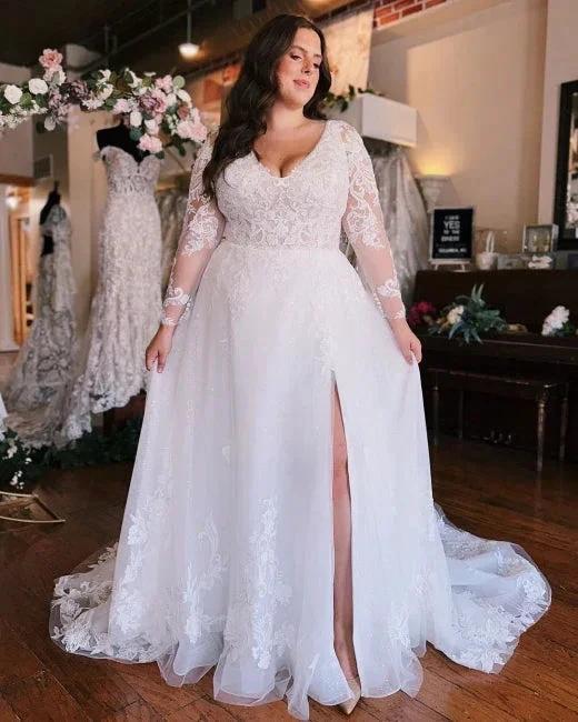 Long Sleeves V-Neck Plus Size Chiffon Wedding Dress (ZD16490) - VelvetHem