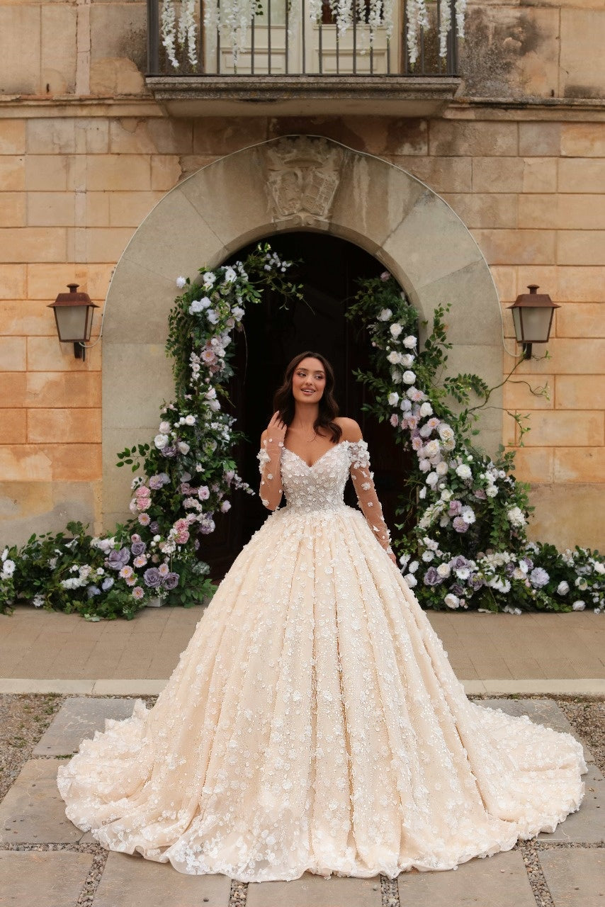 Long Sleeves Wedding Dress Off the Shoulder Ball Gown Ivory Formal Dress with 3D Flowers