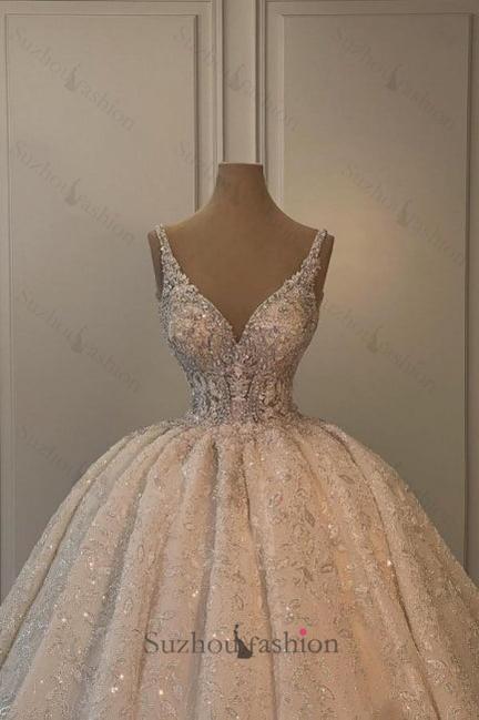 Long Wedding Dress A Line V Neck Sleeveless Princess Glitter Bridal Gown With Lace
