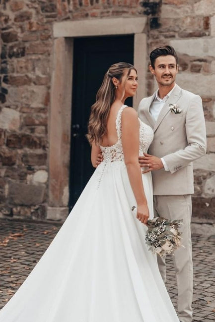 Long White Beach Wedding Dress A Line Lace Chiffon Sleeveless Backless Bridal Gown