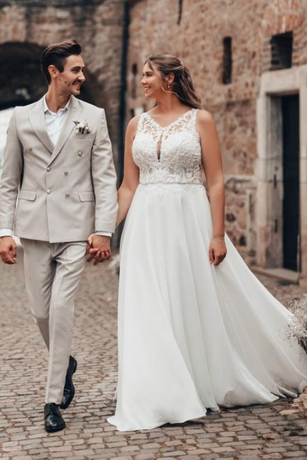 Long White Beach Wedding Dress A Line Lace Chiffon Sleeveless Backless Bridal Gown