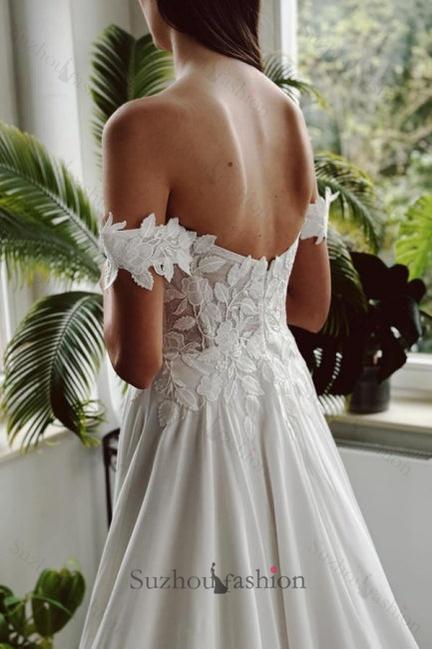 Long White Beach Wedding Dress A Line Off The Shoulder Bridal Gown With Slit