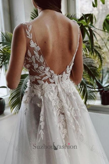 Long White Beach Wedding Dress A Line V Neck Lace Glitter Backless Bridal Gown With Slit
