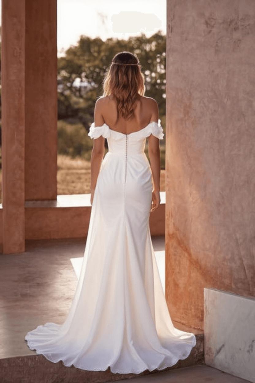 Long White Beach Wedding Dress Off The Shoulder A Line Sleeveless Bridal Gown With Slit