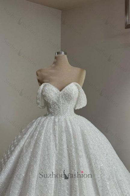 Long White Wedding Dress A Line Off The Shoulder Lace Bridal Gown With Pearls