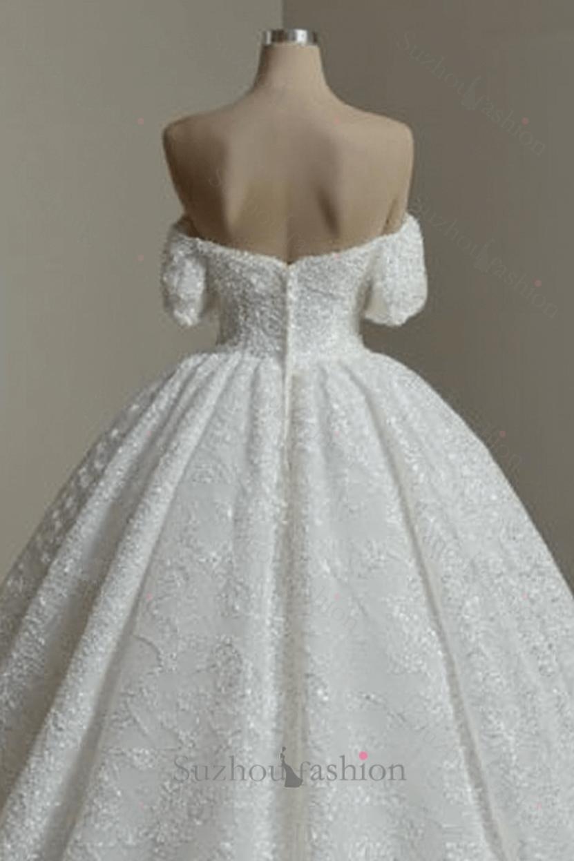Long White Wedding Dress A Line Off The Shoulder Lace Bridal Gown With Pearls