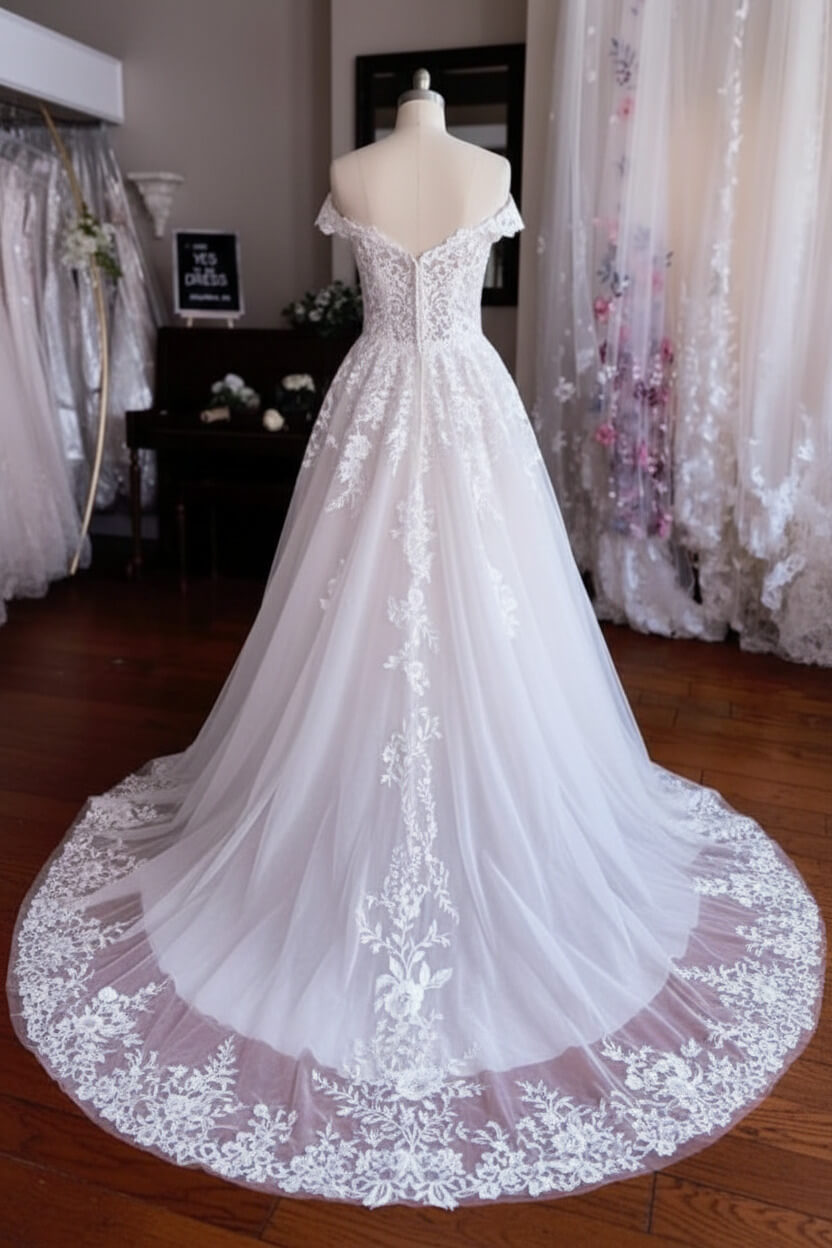 Long White Wedding Dress A Line Off The Shoulder Sleeveless Bridal Gown With Lace