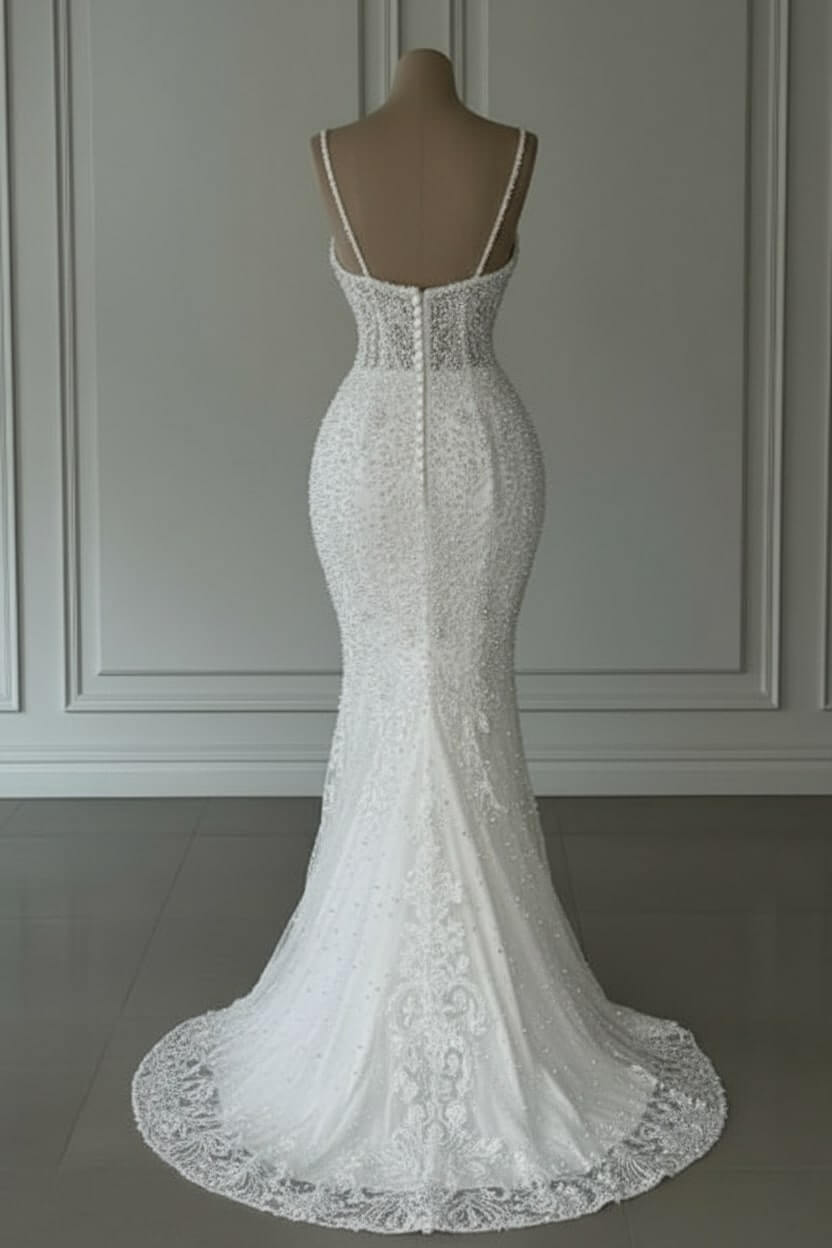 Long White Wedding Dress Mermaid Sweetheart Beaded Sleeveless Bridal Gown With Pearls
