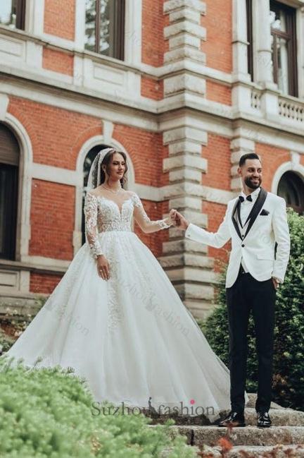 Long White Wedding Dress Scoop Neck A Line Tulle Lace Bridal Gown With Long Sleeves