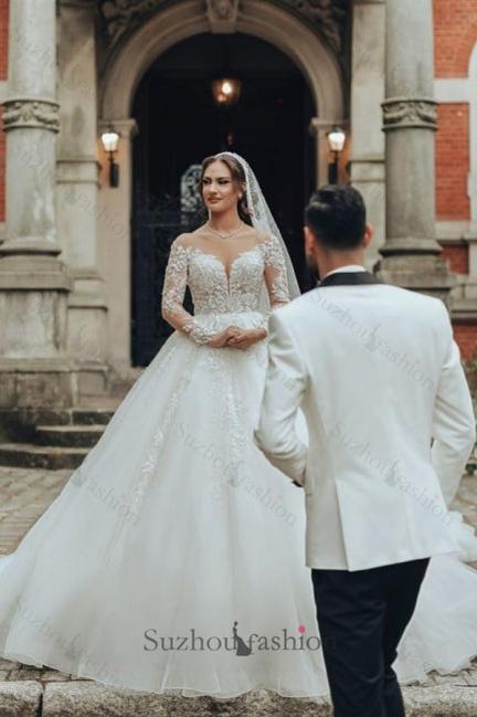 Long White Wedding Dress Scoop Neck A Line Tulle Lace Bridal Gown With Long Sleeves