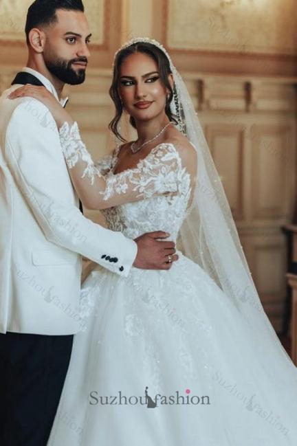 Long White Wedding Dress Scoop Neck A Line Tulle Lace Bridal Gown With Long Sleeves