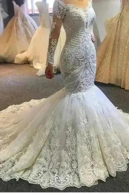Long sleeves Ivory Sweetheart Fit and Flare Lace Wedding Dress (ZD15704) - VelvetHem
