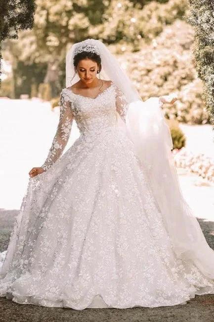 Long sleeves Lace round neck Ball gown Wedding Dress (ZD15699) - VelvetHem