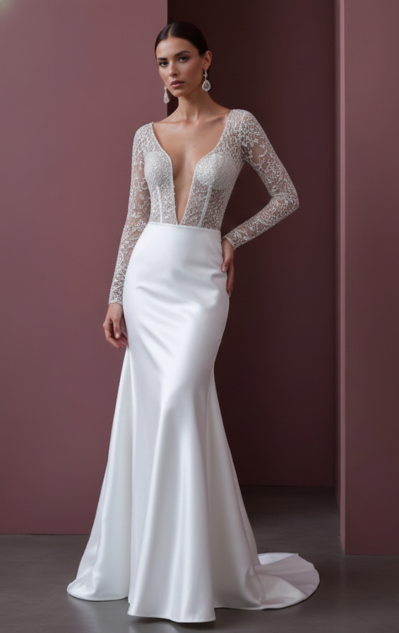 Long Heavy Lace Sleeve Wedding Dress Winter Church Style