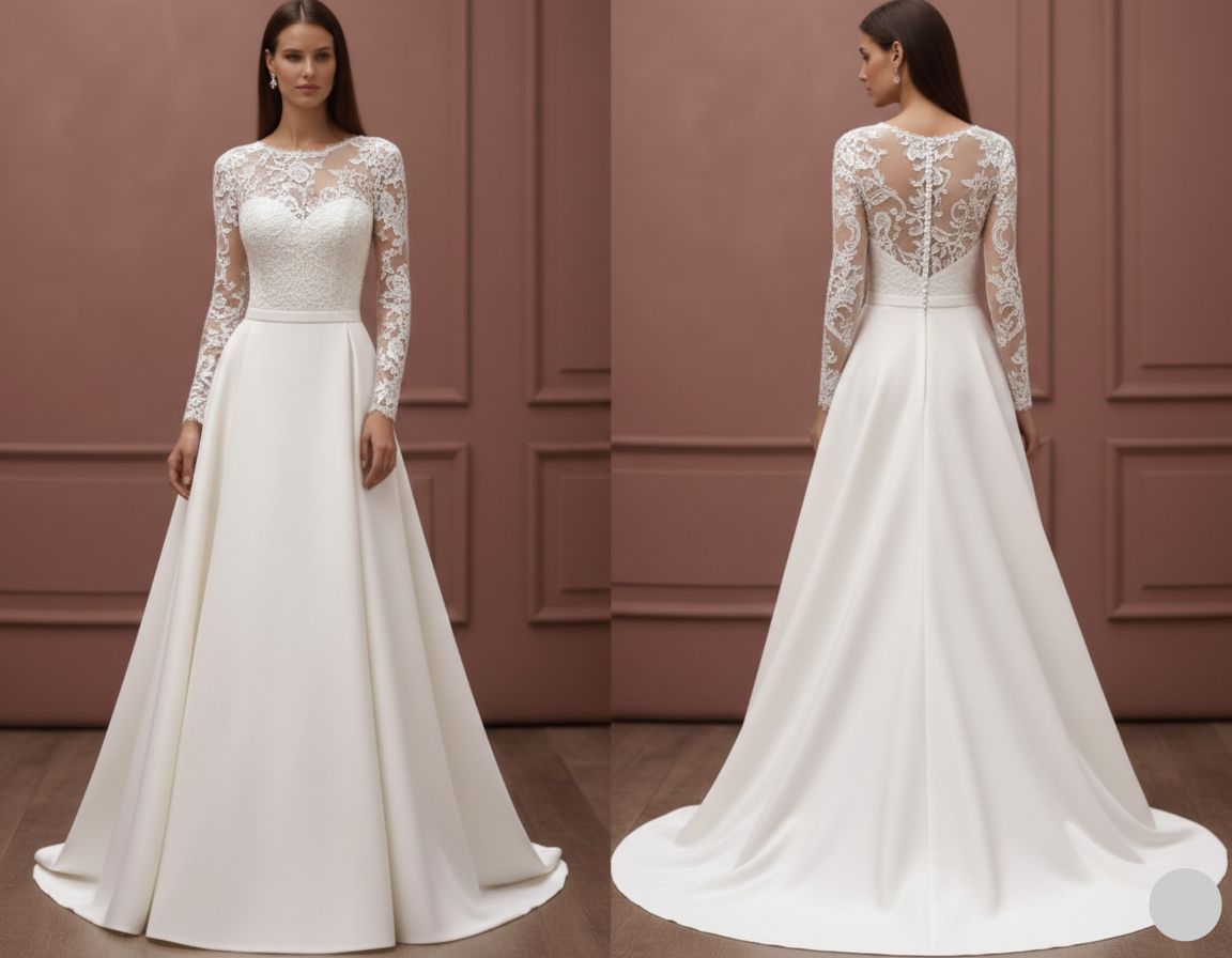 Long Lace Applique Sleeve Wedding Dress Tulle A-Line Bridal